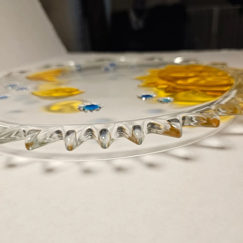 1990s Celestial Sun Moon Stars Glass Serving Platter Round‎ Amber Blue 12.5 Inch